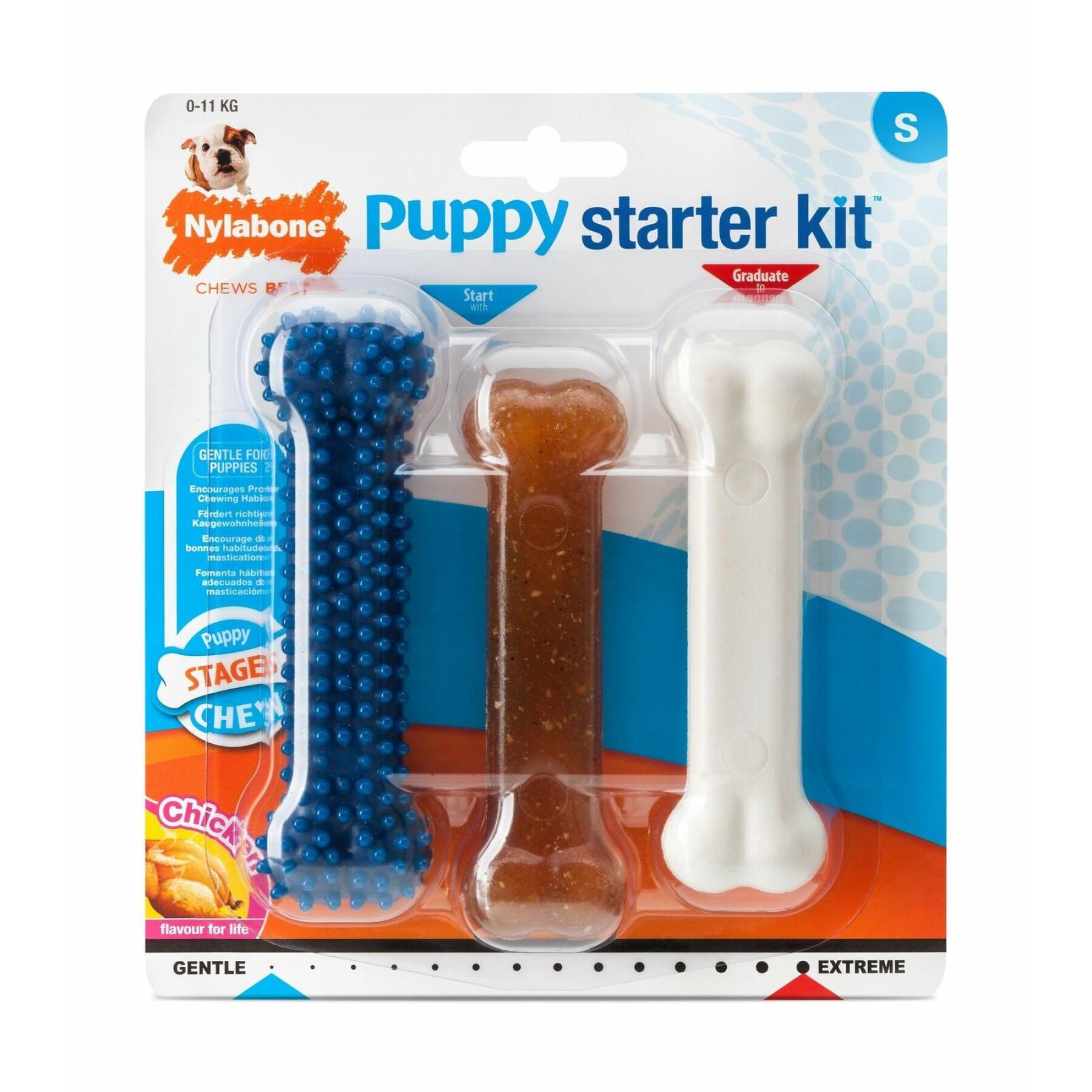 Lot de 3 jouets pour chien Nylabone Puppy Starter Kit - 1 Puppybone Chicken / 1 Extreme Chew Chicken / 1 Dental Blue S